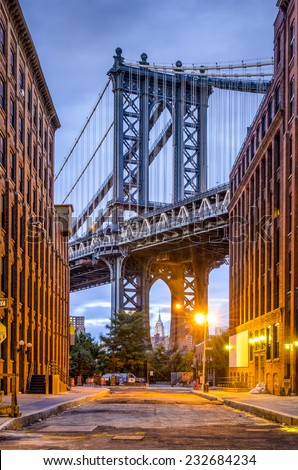 Cityscape of Manhattan Bridge from Brooklyn in New York City.