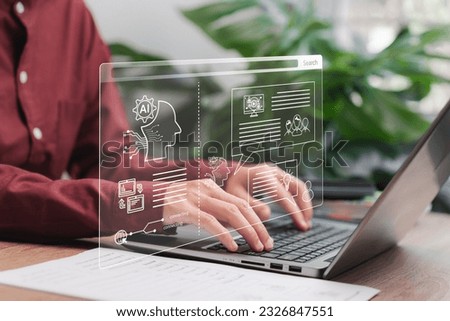 Education technology and AI Artificial Intelligence concept, Teacher women use the laptop smart chat with Ai chat OpenAI generate. Development of an education online interface of the future Royalty-Free Stock Photo #2326847551