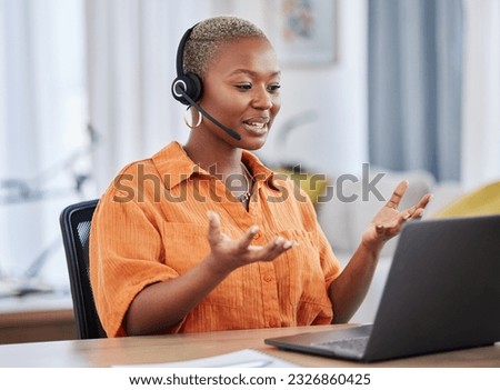 Black woman, call center and consulting on laptop in customer service, support or telemarketing at home. African freelance person or consultant agent talking on computer with headset in online advice Royalty-Free Stock Photo #2326860425
