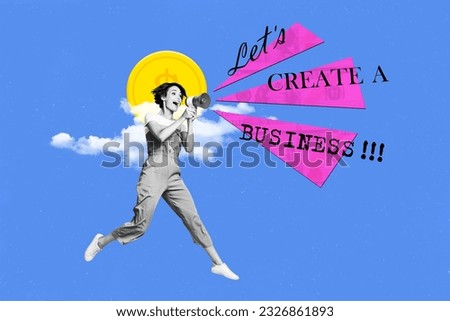 Collage picture of black white colors girl hold loudspeaker jump lets create a business money coin instead sun clouds isolated on blue background