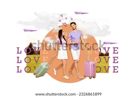 Composite collage of two young lovers together walking with baggage airport destination outdoors honeymoon isolated on white background