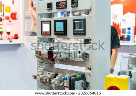 touch screen control panel monitor and analog input output module and programmable logic controller PLC with various high precision accuracy component of smart circuit control system Royalty-Free Stock Photo #2326864815