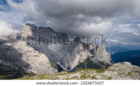 Panorama of a mountainous landscape in the Dolemites. Italian Alps. Drone Landscape Photography. Europe Travel. Hiking Destination. Tre Cime National Park.