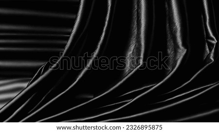 Black silk fabric close-up. Shiny curtains, accessories, spiral lines