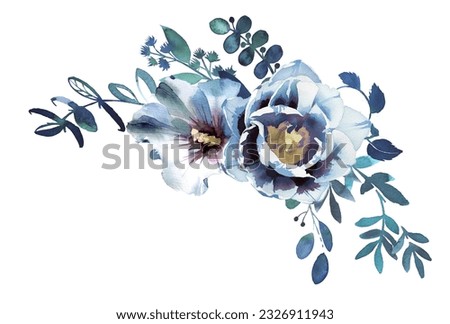 Watercolor hand painted blue flower arrangement illustration isolated on a white background. Indigo flower bouquet design. Winter peony composition design.