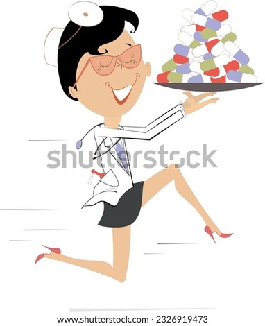 Running doctor woman with a plate full of pills. 
Hurry running doctor woman holds a big plate full of pills. Isolated on white illustration
