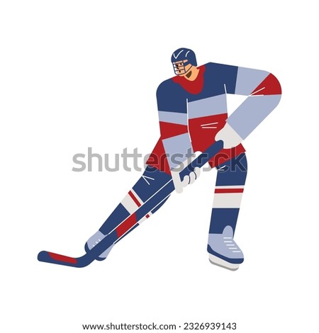Vector illustration of a hockey player with a brassy on the ice. Olympic Winter Game. Cartoon line art in red and blue colors isolated on white background Royalty-Free Stock Photo #2326939143
