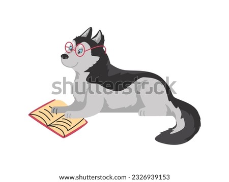 Funny husky dog in glasses reading book flat style, vector illustration isolated on white background. Decorative design element, pedigree dog, smart and clever animal
