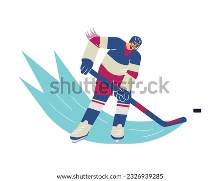 Vector illustration of a hockey player with brassy and puck. Olympic Winter Game. Cartoon line art motion lines on the ice in red and blue colors isolated on white background Royalty-Free Stock Photo #2326939285