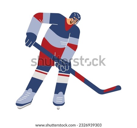 Vector illustration of a hockey player. Olympic Winter Game. Cartoon line art of the hockey player with a brassy on the ice in red and blue colors isolated on white background Royalty-Free Stock Photo #2326939303