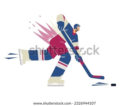 Vector illustration of a hockey player with brassy and puck moving fast forward, side view. Cartoon line art, motion lines on the ice in red and blue colors, on white background. Olympic Winter Game. Royalty-Free Stock Photo #2326944107