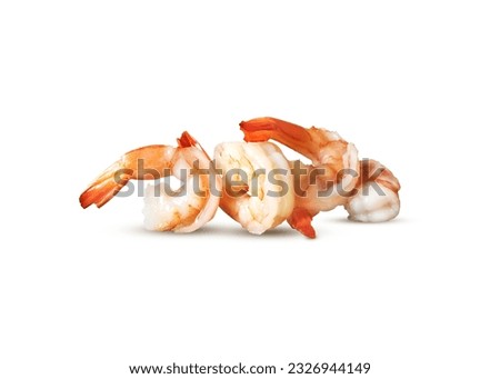 Close-up of four steamed tiger prawns isolated on white