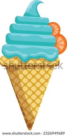 Vector illustration delicious colorful ice cream waffle cone. Icecream blueberry scoops orange topping waffle cone. on white background. Idea for poster, product, t-shirt. Vector icon ice cream cone.