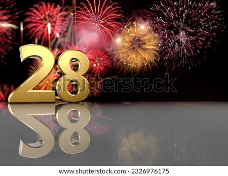 The number "28" in gold color 3D type, with defocused fireworks background in white and red colors