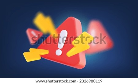 Red  danger warning triangle. A banner  attention sign with a blur effect and a lightning signal. 3d vector creative illustration