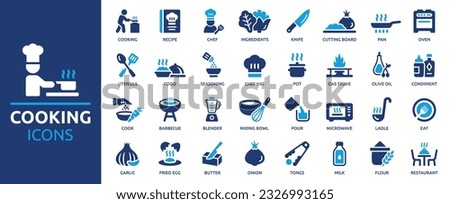 Cooking icon set. Containing chef, recipe, restaurant, ingredients, cook, knife, cutting board, pan and oven icons. Solid icon collection. Vector illustration. Royalty-Free Stock Photo #2326993165