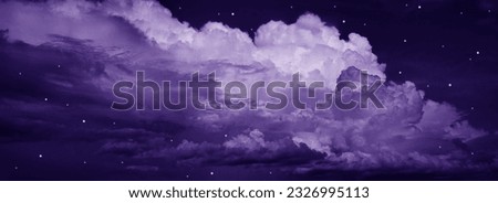 Black dark purple violet blue sky with clouds. Twinkling stars. Night cloudy sky background for design. Banner. Wide. Panoramic. Fantasy, dream, fabulous.