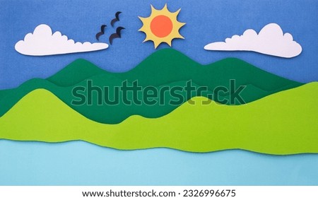 Paper art landscape mountain with sky and river made of paper cut. travel concept Holiday summer.