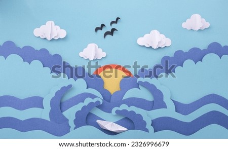 Paper art sea with sky and cloud made of paper cut. concept holiday summer.
