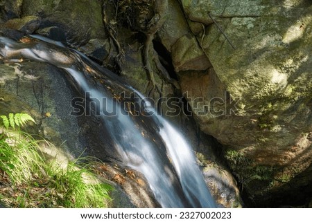 Delicate flowing waterfall that shines in the sunlight filtered through the foliage seen near Kanabiki no Taki waterfalls