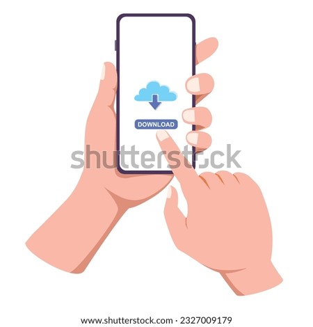Tapping Mobile phone screen to download data from cloud. computing concept for file sharing and data transfer system. Download file to app mobile phone. Flat vector illustration