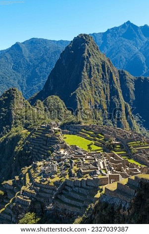 Machu Picchu Inca ruins in vertical format, Machu Picchu Historical Sanctuary, Cusco, Peru. Royalty-Free Stock Photo #2327039387