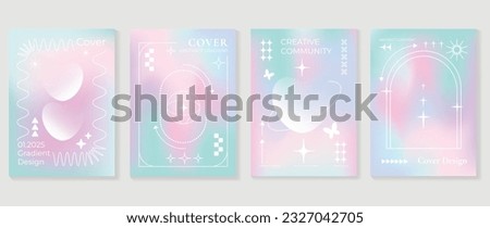 Idol lover posters set. Cute gradient holographic background vector with pastel colors, heart, butterflies, halftone. Y2k trendy wallpaper design for social media, cards, banner, flyer, brochure. Royalty-Free Stock Photo #2327042705