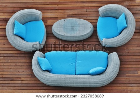 Top view of blue outdoor furniture in a Kusadasi hotel, Turkey