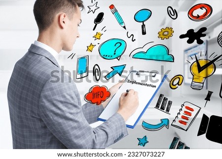 Business, technology, internet and network concept. Young businessman thinks over the steps for successful growth: Implementation
