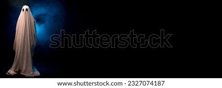 Scary ghost on a dark background in the fog. An evil spirit covered in sheet. Halloween concept. Banner. Copy space