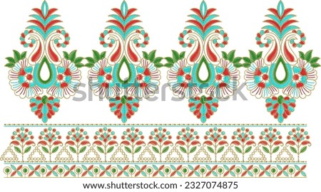 Indian traditional mughal artwork embroidery design neckline and lace border with trendy embroidered ornaments and paisley motifs
