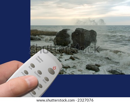 Magic Weather Control in hand, buttons Sun, Cloudy, Storm, etc., storm on sea at background
