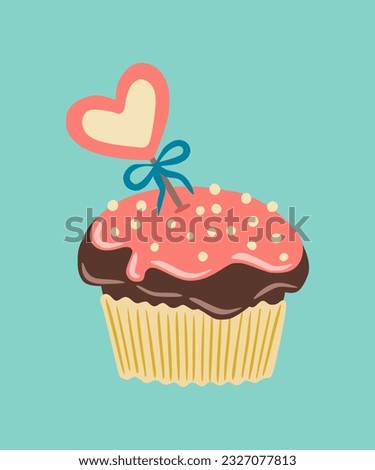 Cupcake with a heart. Illustration of a muffin with a heart and pink cream. Chocolate cake. Design element for greeting card, invitation, print, sticker. Illustration for birthday and valentine's day.