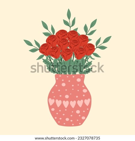 Illustration of vase with flowers. Bright blooming flowers in vase. Design element for greeting card, invitation, print, sticker. Illustration for birthday, mother's day, valentine's and woman's day.