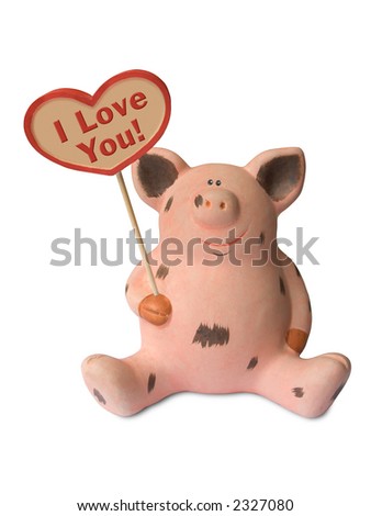 Funny pig with heart "I Love You", isolated on white