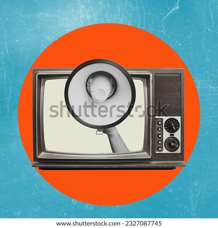 Breaking news. A collage of contemporary art. Arm sticking out of retro TV, isolated on blue background. Concept art, surrealism, news, sales, information, discount. Place for advertising.