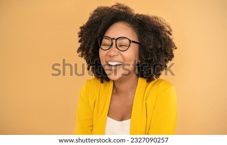 Portrait smile confident business nerdy black woman yellow suit office. Black business girl Startup successful power business leader women executive people looking copy space isolated on yellow