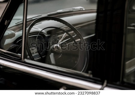 Retro car interior. vintage car steering wheel
