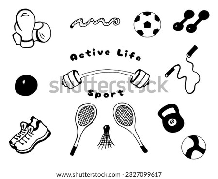 Set of sports and active lifestyle drawn by hand. Black line elements isolated on white background. Suitable for print and web icons