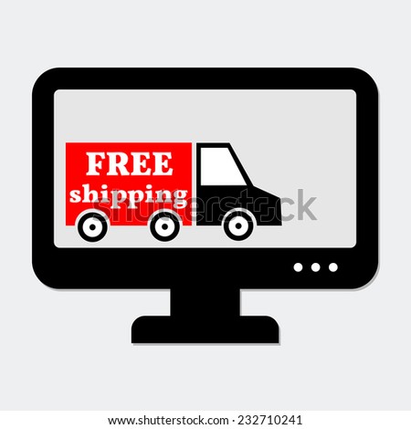 Lorry with Free Shipping Sign in Monitor. Concept for Online Shop. Flat Design. Vector Icon