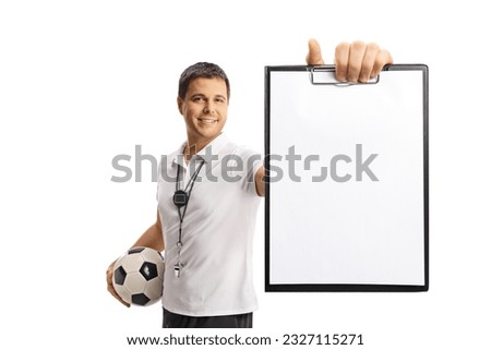 Football coach holding a ball and a clipboard isolated on white background

