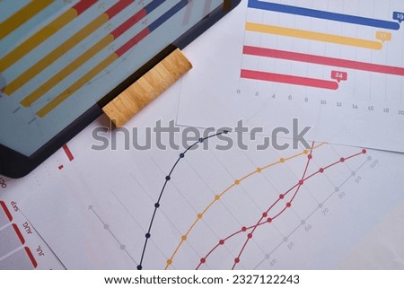 Financial graphs, statistics diagram and data. Annual presentation, infographic. Economic report, accounting. Growth analysis, business success. Analytics and management. Investments and technology