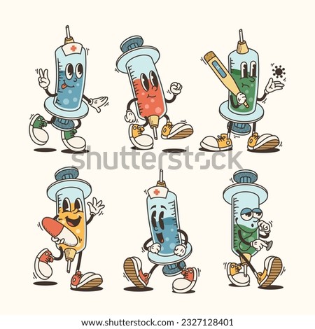 Set of Traditional Medical Syringe Cartoon Illustration with Varied Poses and Expressions