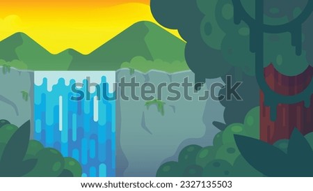 Waterfall in tropical jungle. forest scene with green leaves, exotic plants, mountains and beautiful cascade. vector illustration
