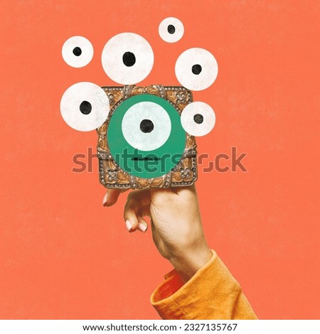 Eyesights. Contemporary art collage with female hand holding small mirror with drawn facial expression over coral background. Doodles, sketches, cartoon drawing style. Human emotions