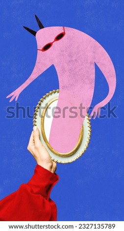 Inner demon. Contemporary art collage with female hand holding small mirror with drawn facial expression over blue background. Doodles, sketches, cartoon drawing style. Human emotions