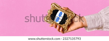 Contemporary art collage with female hand holding small mirror with drawn facial expression over pink background. Doodles, sketches, cartoon drawing style. Human emotions
