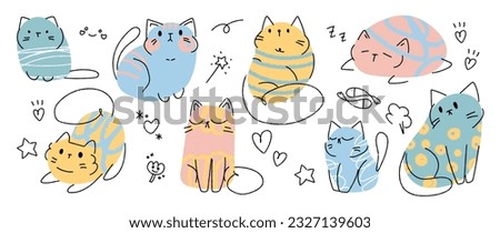 Cute and smile cat doodle vector set. Adorable cat or fluffy kitten character design collection with flat color, different poses on white background. Design illustration for sticker, comic, print. Royalty-Free Stock Photo #2327139603