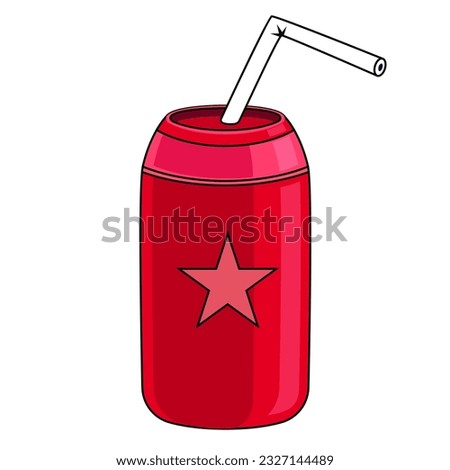 Red aluminum can with a straw for soft drink, beer, soda, lemonade, juice, energy drink. Vector illustration in cartoon style, isolated on white background 