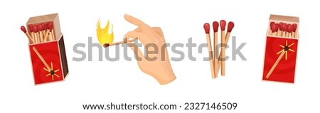 Matchbox and Match as Small Wooden Stick for Starting Fire Vector Set Royalty-Free Stock Photo #2327146509